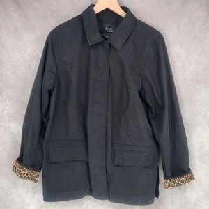 DENNIS BASSO Leopard Print Raincoat Womens Medium Black Snap Closure‎ Jacket